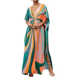 Women's Multi Color 100% Polyester V Neck Summer Beach Dresses Cover Caftan Maxi